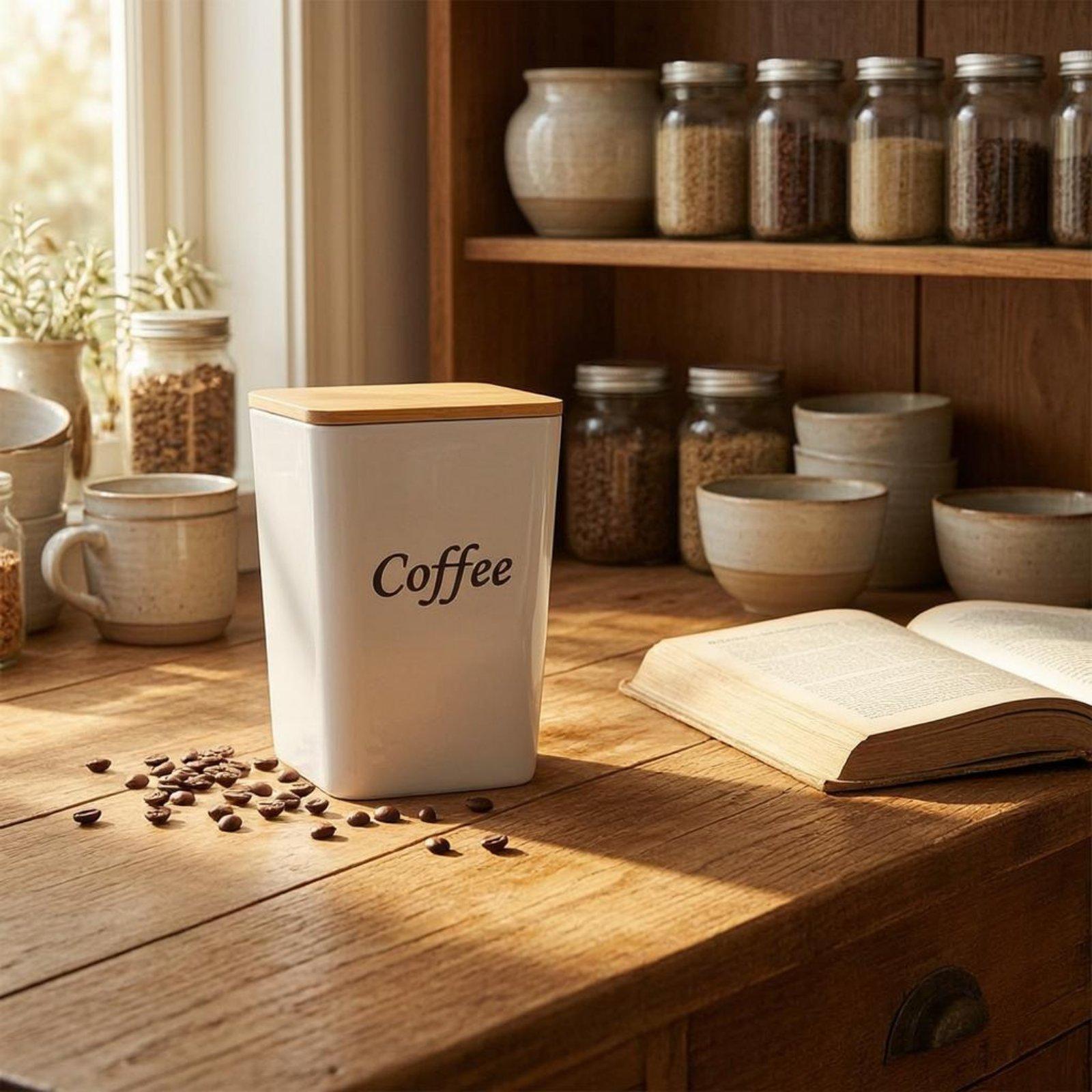 Coffee Tea Sugar Container Set - مجموعة علب معدنية بغطاء من الخيزران