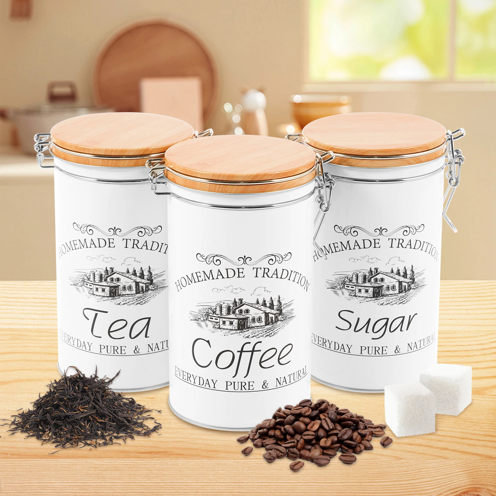 Coffee Tea Sugar Container Set - مجموعة من 3 علب معدنية لتخزين