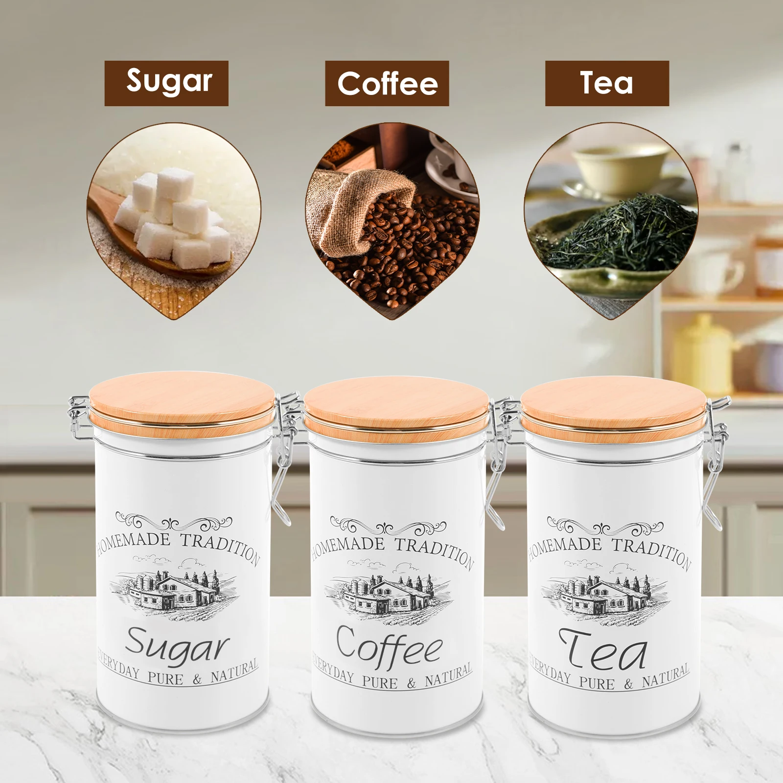مجموعة من 3 علب معدنية لتخزين  - مراجعة Coffee Tea Sugar Container Set وسعره