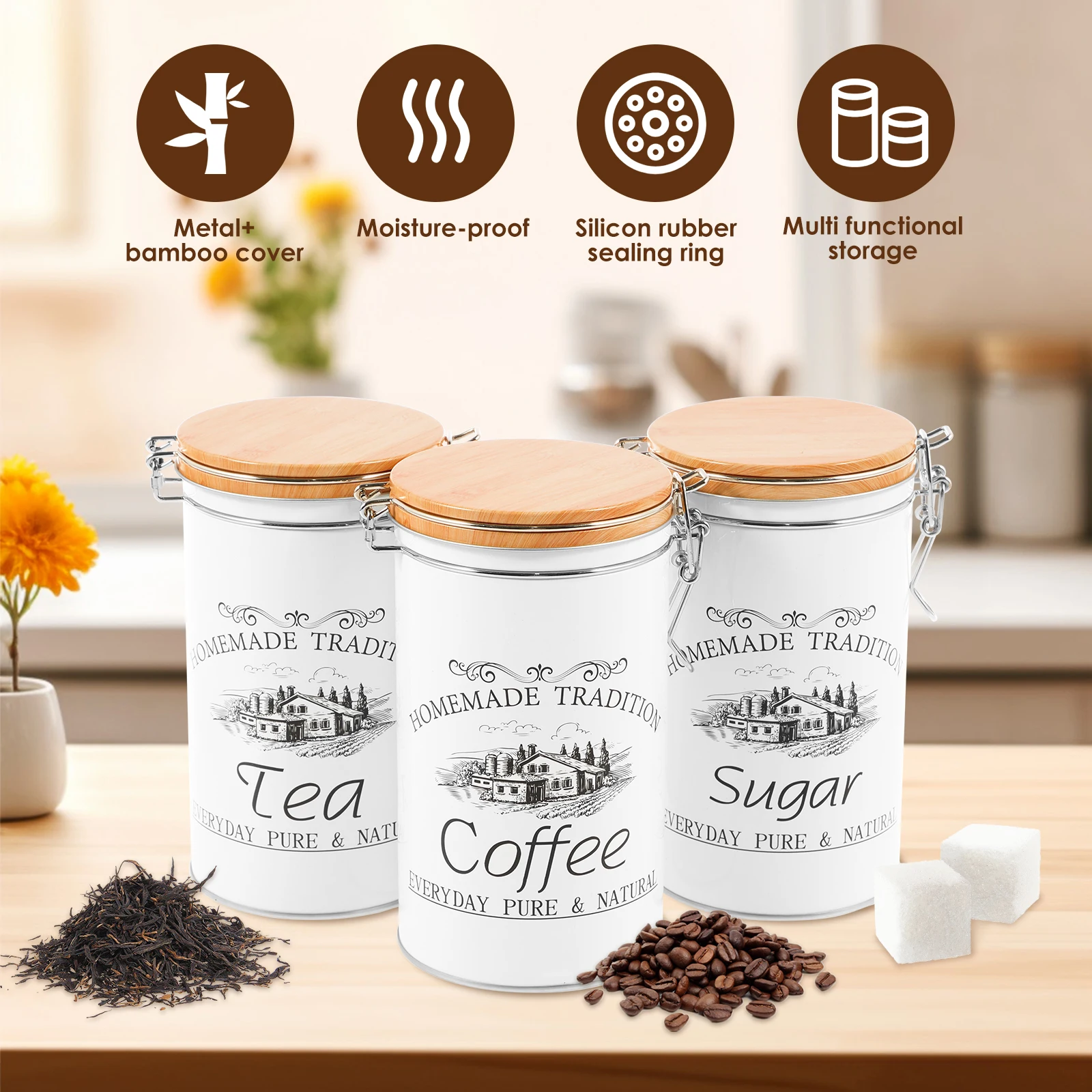 مجموعة من 3 علب معدنية لتخزين  - مراجعة Coffee Tea Sugar Container Set وسعره